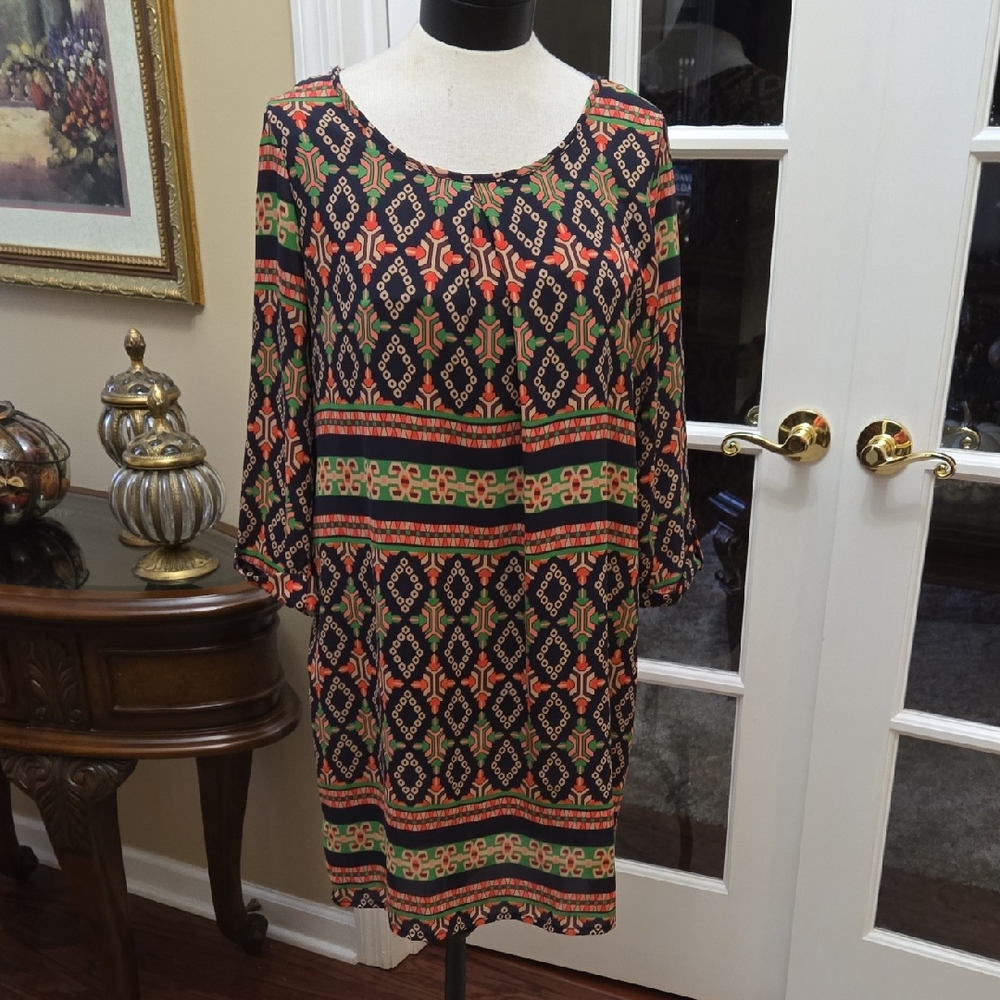 Peach Love California Colorful Geometric 3/4 Sleeve Boho Dress Fully Lined M EUC
